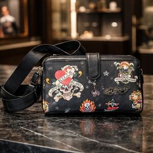 Nwt Ed Hardy Crossbody Double Zip Phone Holder New